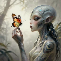attractive female alien tattooed, looking at a butterfly, soft natural light, intricate, highly detailed, digital painting, artstation, concept art, smooth, sharp focus, illustration, art by greg rutkowski and uang guangjian and gil elvgren, symmetry!