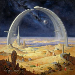 mesozoic cosmic upheaval turmoil landscape in the style of dr. seuss, celestial immaculate arcology, painting by albert bierstadt