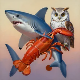 painting of hybrid between shark & lobster & owl, intercrossed animal, by zdzislaw beksinski, by lewis jones, by mattias adolfsson, cold hue's, warm tone gradient background, concept art, beautiful composition, digital painting