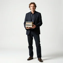 stoic teacher with books, studio photography, full body, standing, isolated on a pure white background, centered, whole figure in frame, sharp focus, studio lighting