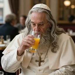 gandalf the grey dressed as the pope drinking a glass of orange juice in a restaurant, realistic photograph, closeup