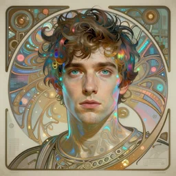 A portrait of Thom Yorke as a cyberpunk, iridescent highlights, surrounded by digital swirls, highly detailed, intricate, soft, sci-fi, sharp focus, glowing lines, art by Moebius, Alphonse Mucha