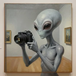 museum painting, grey alien holding a camera by artgerm