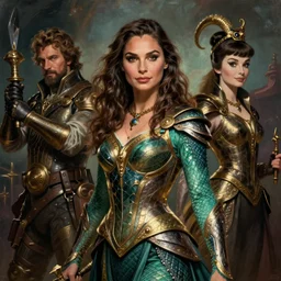 A fantasy comic book style portrait painting of Gal Gadot, hybrid, Audrey Hepburn, as an Atlantean Reptilian Warrior, François Boucher, Oil Painting, Mystical Valkyrie, unreal 5, DAZ, hyperrealistic, octane render, Regal, Refined, Detailed Digital Art, RPG portrait, William-Adolphe Bouguereau, Michael Cheval, Walt Disney (1937), Steampunk, dynamic lighting, Highly Detailed, Cinematic Lighting, Unreal Engine, 8k, HD