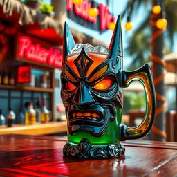 a closeup photorealistic photograph of a glossy batman style tiki mug sitting at an outdoor trader vic's bar featuring batman face. tiki theme. icy colorful drink. bright scene. fine detail. this 4 k hd image is trending on artstation, featured on behance, well - rendered, extra crisp, features intricate detail, epic composition and the style of unreal engine.