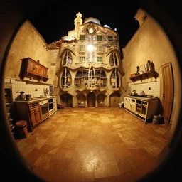 emmo dark, night outdoor, volumetric lighting, top light, fisheye, antoni gaudi, curved perspective, naive, extra narrow, old kitchen, large floor, by rhads, goya painting, warm tones