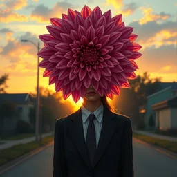 portrait giant dahlia flower head, frontal, girl in a suit, standing in street, surreal photography, sunrise, dramatic light, impressionist painting, digital painting, artstation, simon stalenhag