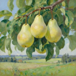 oil painting of translucent pears on tree by greg manchess, backlit leaves by anders zorn, landscape by greg rutkowski