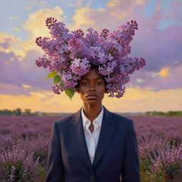 portrait, giant lilac flower head, black woman in suit in heather field, surreal photography, golden hour, colorful clouds, impressionist painting, digital painting, artstation, simon stalenhag