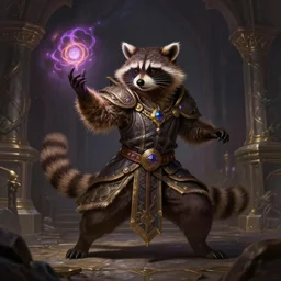 anthropomorphic royal warlock raccoon casting a spell in a dungeon, magic the gathering, d & d, fantasy, intricate, action pose, elegant, highly detailed, digital painting, artstation, concept art, matte, sharp focus, volumetric lighting, illustration, hearthstone, art by artgerm, wlop, greg rutkowski and alphonse mucha