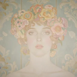 a lot of flowers patterns morphing in a beautiful girls face, baroque wallpaper, film still by wes anderson, depicted by balthus, limited color palette, very intricate, art nouveau, highly detailed, lights by hopper, soft pastel colors, minimalist