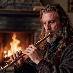a close up portrait of a wizard playing the flute, fireplace lighting, nighttime, kodak vision 5 0 0 t