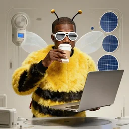 hyped kanye west wearing white aviator sunglasses with horizontal bars in place of traditional lenses in a bumblebee costume drinks coffee in front of a futuristic neo solar punk minimal intricate technology aesthetically pleasing hovering laptop, highly detailed, masterpiece, neo classical art, rembrandt lighting