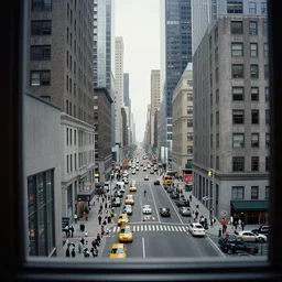a real photo of a perfect new york busy street viewed from a very far away skyscraper's window, by saul leiter, color photography, ultra detailed, cinematic, 4 k uhd