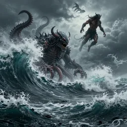a detailed matte painting of storming ocean, demons form the waves, sea creature with tenticles, dramatic lighting, super human in the air, epic c proportion.
