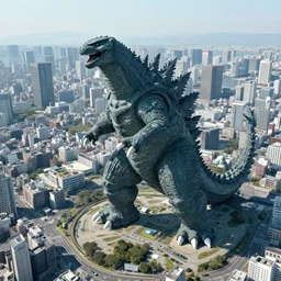 aereal view of a giant kaiju in tokyo