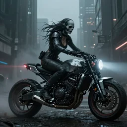 ghostpunk woman riding a cyberpunk futuristic motorcycle in the city by eddie mendoza and greg rutkowsi, foggy, dark, moody, volumetric lighting, dirty