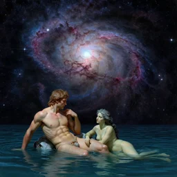 the sky is a starry sky, gorgeous nebula is born, big scene, below is achilles and thetis in the river styx like the universe, in the style of smashing pumpkins mellon collie infinite sadness, trending on john atkinson grimshaw