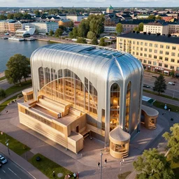 seaside sauna in otaniemi, espoo, finland, futuristic, big and small, highly detailed aerial photograph, tourist advertisement, art nouveau style