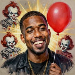 grunge painting of kanye with a wide smile and a red balloon by chris leib, loony toons style, pennywise style, corpse bride style, horror theme, detailed, elegant, intricate