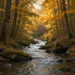 river in a forest during the golden hour in autumn, digital art, concept art, fantasy art, highly detailed, hd wallpaper, hdr, artstation, deviantart, behance