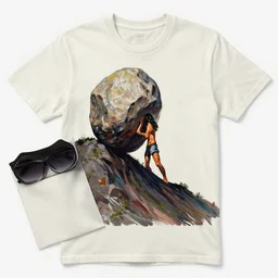 a somber painting of sisyphus looking down at the rock rolling down the mountain by andy warhol, printed on t - shirt
