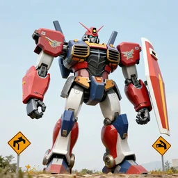 giant mecha made of road signs with a stop sign head