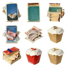 of a collage of matchbooks, gum wrappers, take out boxes, by kurt schwitters
