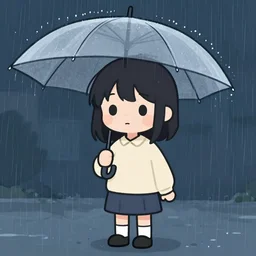 beautiful drawing style, girl holding umbrella, contrast, visible rain, vaporware cartoon japan background, kawaii rainy gloomy, rainy night