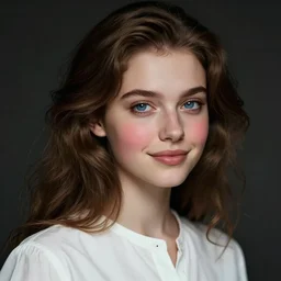 a portrait of a cute woman, brown hair, wavy hair, blue eyes, wearing a white blouse, button nose, oval face, soft chin, soft facial features, strong jawline, rosy chubby cheeks, small lips, very detailed digital art, dynamic lighting, moody atmosphere, dark background, piercing gaze, arched brows, warm smile, 4 k portrait art by artgerm, greg rutkowski, craig mullins