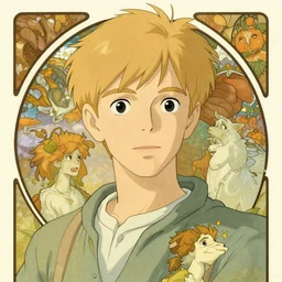 well - lit art nouveau portrait of a young man with short blond hair, natural lighting, path traced, highly detailed, high quality, cartoon, digital painting, by don bluth and ross tran and studio ghibli and alphonse mucha