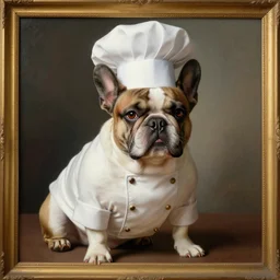 stressed french bulldog chef attire, detailed rococo painting