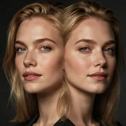 portrait of a woman, symmetrical face, blonde hair, she has the beautiful calm face of her mother, slightly smiling, ambient light