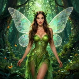 megan fox as faery queen, green lush forest, butterflies, fantasy art, in the style of artgerm, illustration, epic, fantasy, intricate, hyper detailed, artstation, concept art, smooth, sharp focus, ray tracing, vibrant, photorealistic, simon bisley