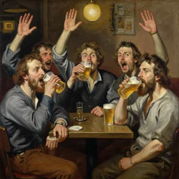 “painting of five artists shouting, drinking beer and waving hands in a pub in style of caravaggio, oil on canvas detailed, lucian freud, impasto”