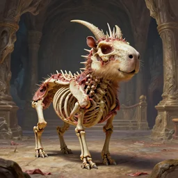 A little vibrant. A spiked horned detailed capybara skeleton with armored joints stands in a large cavernous throne room. Extremely high details, realistic, fantasy art, solo, masterpiece, bones, ripped flesh, colorful art by Zdzisław Beksiński, Arthur Rackham, Dariusz Zawadzki, Harry Clarke
