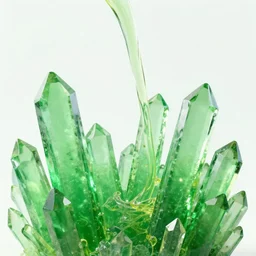 lemon juice flowing through glistening emerald crystal formations, octane render, ray tracing, 4 k
