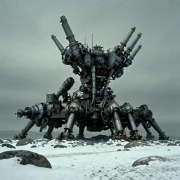 massive mechanical structure building on a rocky snowy beach, horror vibes, matte painting, stanley kubrick film