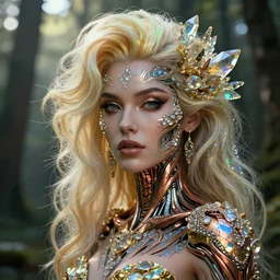 beauteous practical sumptuous tattoos on beautiful face, by victoria frances in crystal, gold, copper, bronze biomechanical with incredible iridescent pearlescent voluminous neon hair, crystalline masterpiece incrustations, hyperdetailed face, elegant pose, movie still, intricate, octane render, cinematic forest lighting, unreal engine, crepuscular rays, god rays