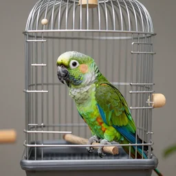 a bird cage with a pug cockatoo parrot hybrid, realistic, photoshoot, real life