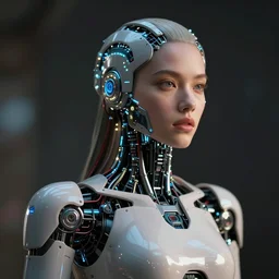 a stunning robot woman with cybernetic enhancements, wires, led lights, glowing lights, futuristic, by jean baptiste monge