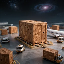 spatial aeroport departure, in a deep galaxy. huge carved wooden boxes are waiting to be taken away by the transport machines.