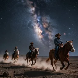 cowboys riding through outer space, space cowboys, milky way, 8k photography