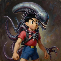 realistic portrait beautiful painting of Nobita mutate into a Xenomorph. Horror, created by Thomas Kinkade.