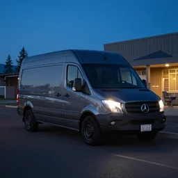 a dark gray sprinter van in central Oregon at night