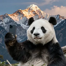 a giant panda takes a selfie in front of the Himalayas