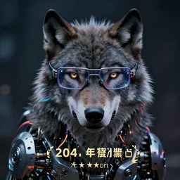 portrait of half mechanical wolf with cyberpunk glasses, reflective lens, caustics, bokeh, dust, mechanical parts, neon wires, dark fur, closeup portrait, editorial photography, award winning, establishing shot, dark mood, dark sci fi
