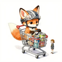 cute and funny, fennec fox driving a shopping trolley, wearing a helmet riding in a tiny shopping trolley with food cans, ratfink style by ed roth, centered award winning watercolor pen illustration, isometric illustration by chihiro iwasaki, the artwork of r. crumb and his cheap suit, cult - classic - comic, edited by range murata, tiny details by artgerm and watercolor girl