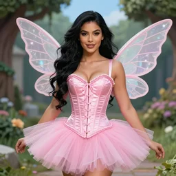 a beautiful woman with long black hair, wearing a pink corset top and a pink tutu, fairy wings, Hearthstone official splash art