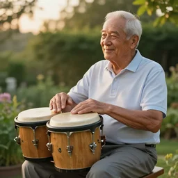 My dad just took a hit from the bongo and have good time being gracefully relaxed in the garden, sunset lighting